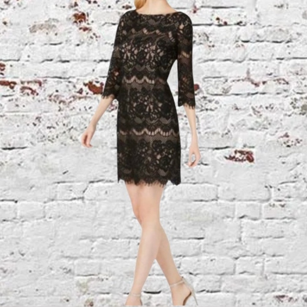 NWT Jessica Howard Blush Pink and Black Lace Mini Dress, Size 14.